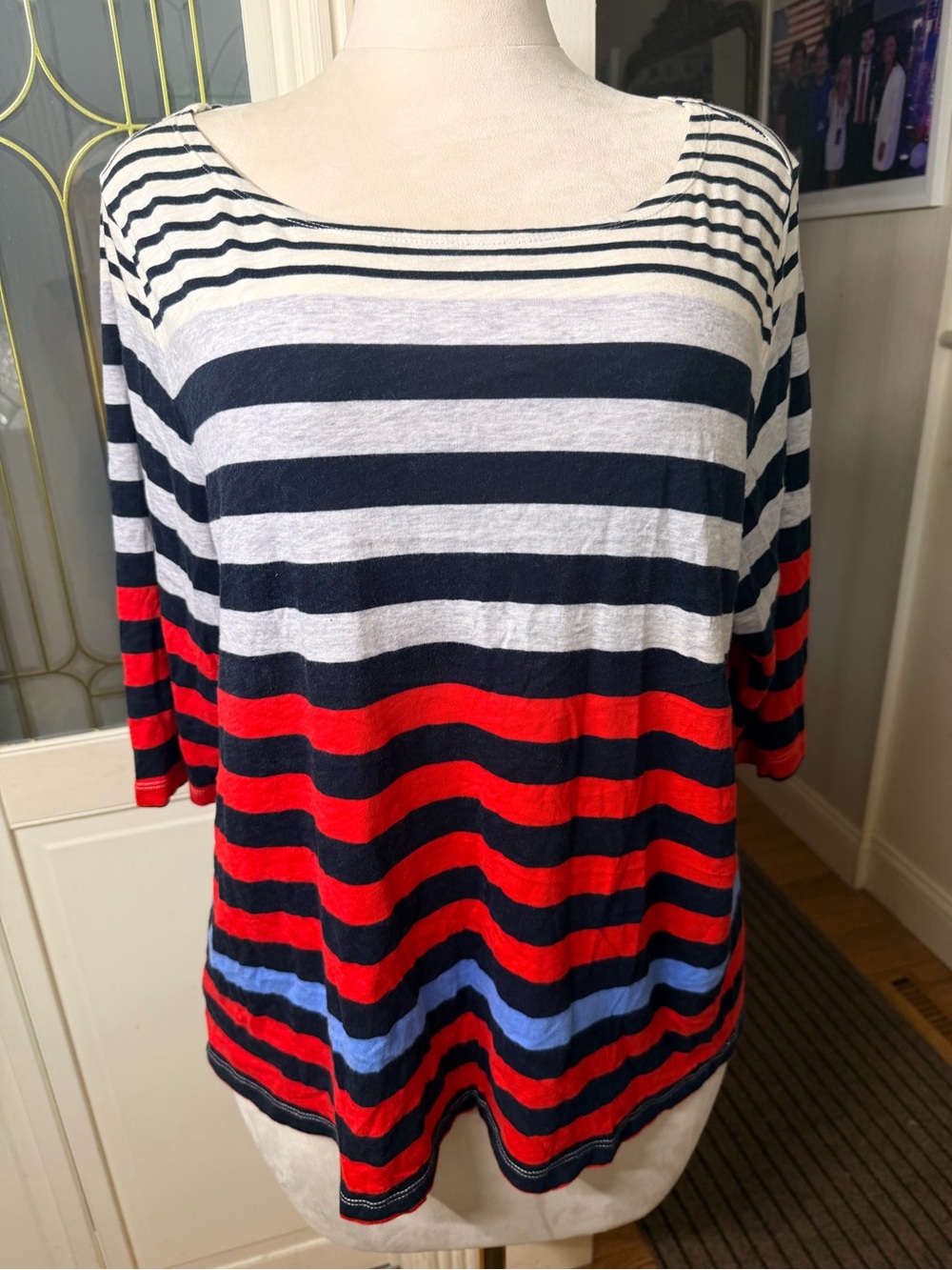 JCP 2X Red Navy Blue Striped 100% Cotton 3/4 Sleeve Top Nautical